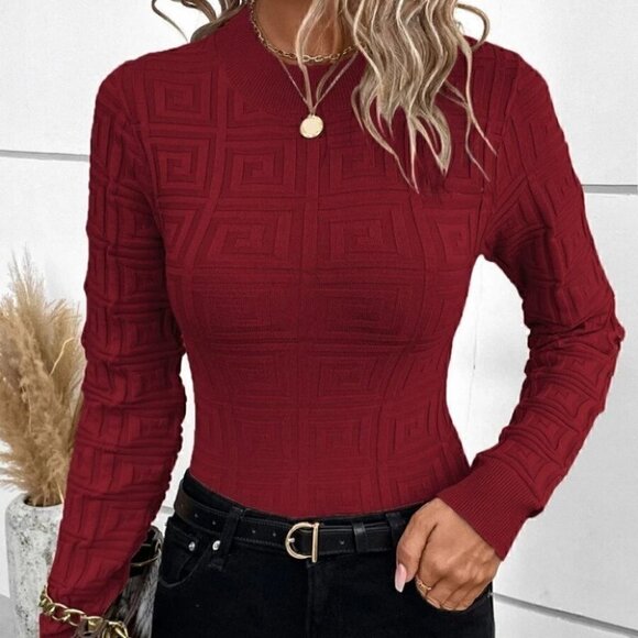 burgundy celeb style long sleeved knit Sweater top - Picture 2 of 5